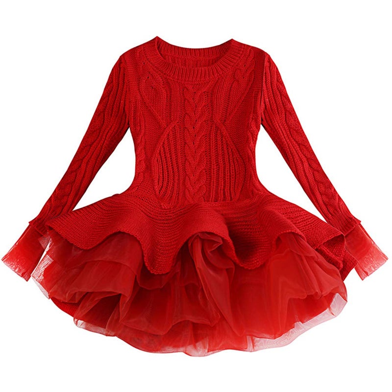 WEONEDREAM Generic Christmas Sweater Dresses for Girls Ruffle Sweater Long Sleeves Tutu Dress Stitching Knitting Pullover Tops for Kids 2 3T(Red, 100) - Image 1